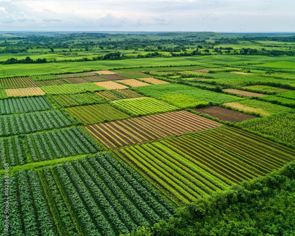 Tranquil Green Patchwork Aerial Landscape of Orderly Farmland Fields in Rural Setting under Soft Lighting - Agricultural Harmony and Growth Tranquil Green Patchwork Aerial Landscape of Orderly Farmland Fields in Rural Setting under Soft Lighting - Agricultural Harmony and Growth