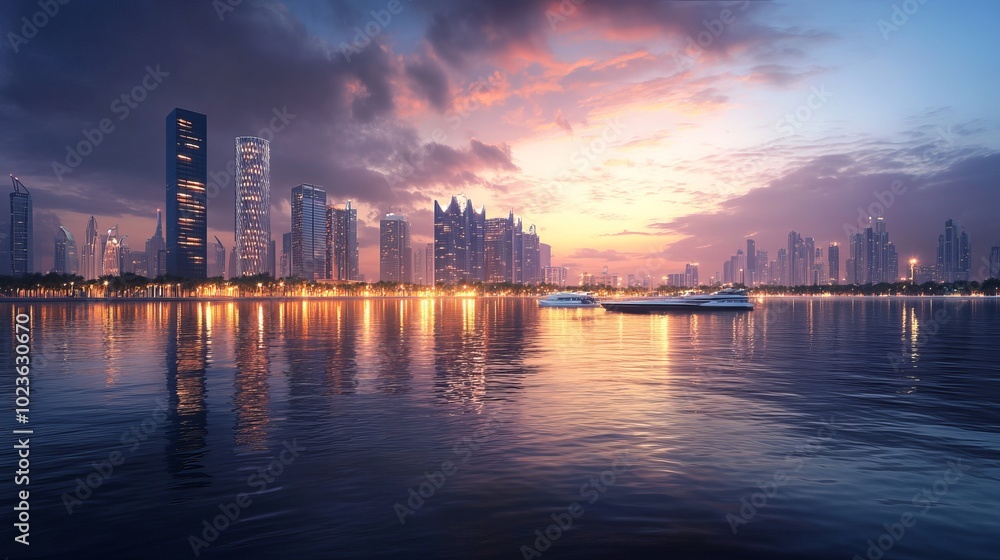 Fototapeta premium View of glittering high-rise buildings from the sea horizon.