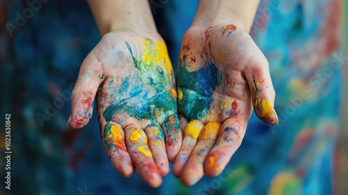 Artist s Hands with Paint Stains Close Up photo