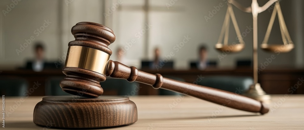 Closeup Wooden Gavel and Sound Block on Legal Setting Background, Symbol of Justice and Authority in Law Courtroom - Legal Concept for Publications and Websites Closeup Wooden Gavel and Sound Block on Legal Setting Background, Symbol of Justice and Authority in Law Courtroom - Legal Concept for Publications and Websites
