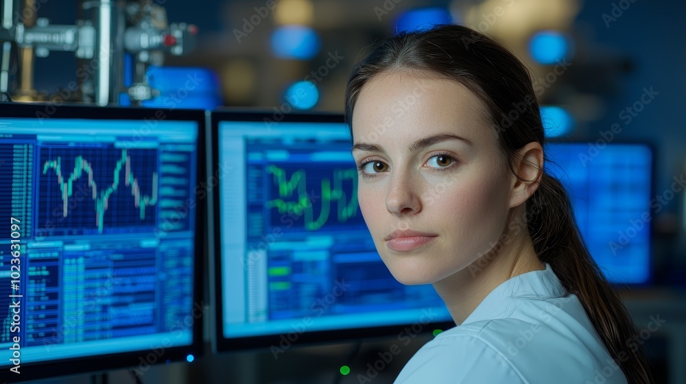Futuristic Technology Workspace Closeup Portrait of Determined Woman in Business Setting, Blue Tones, Modern Corporate Concept Futuristic Technology Workspace Closeup Portrait of Determined Woman in Business Setting, Blue Tones, Modern Corporate Concept