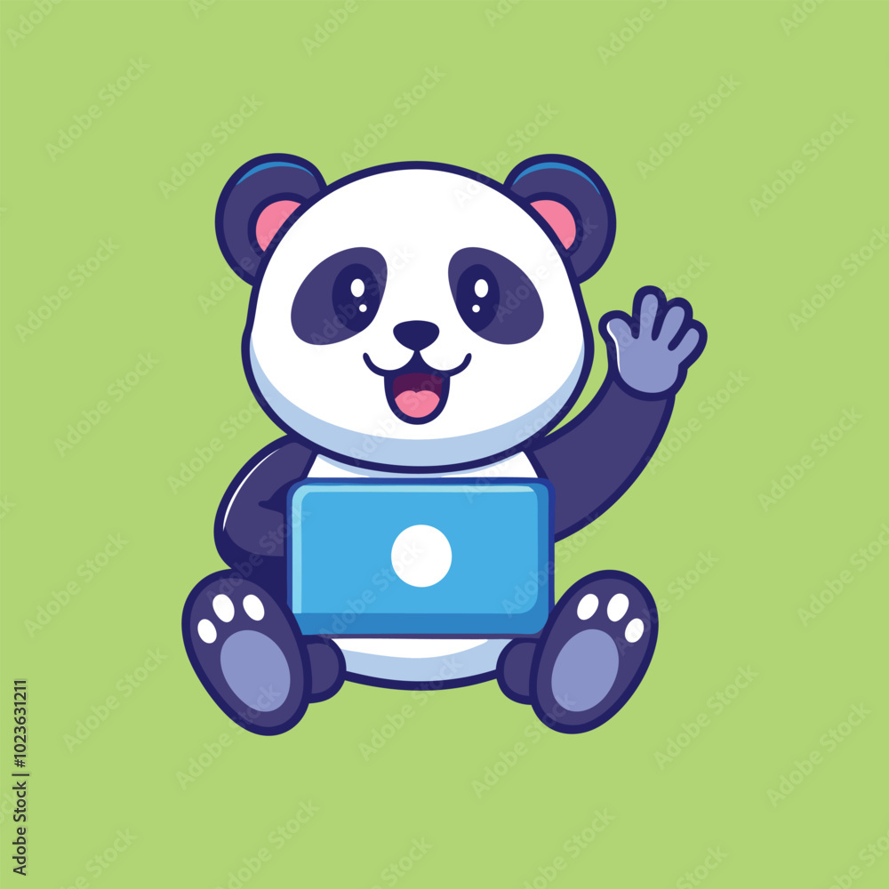Cute Panda Character Holding Laptop Cartoon Vector Icon Illustration. Cute Panda Character Holding Laptop Cartoon Vector Icon Illustration.