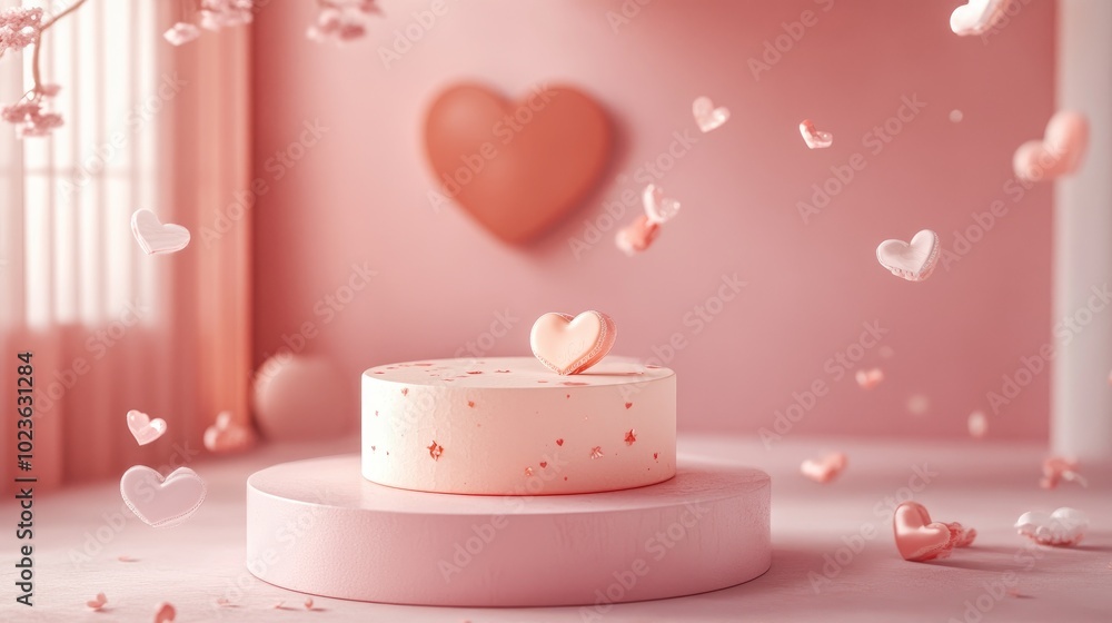 3D render of a minimalistic sweet scene featuring a display podium for mockups and product branding Pink pedestal stand themed for love celebrations complemented by an adorable heart background De 3D render of a minimalistic sweet scene featuring a display podium for mockups and product branding Pink pedestal stand themed for love celebrations complemented by an adorable heart background De