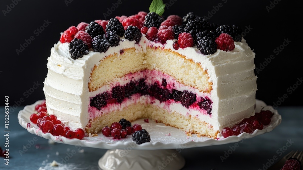 A cutaway berry sponge cake featuring cream cheese mousse condensed milk and blackberry puree along with sponge cake and currant berries A cutaway berry sponge cake featuring cream cheese mousse condensed milk and blackberry puree along with sponge cake and currant berries