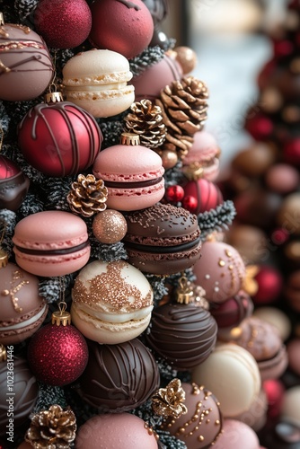 Christmas tree orned with pink macarons and chocolate close up, christmas sweet decoration and celebration in macaroonery, chocolate factory or bakery verical background. 