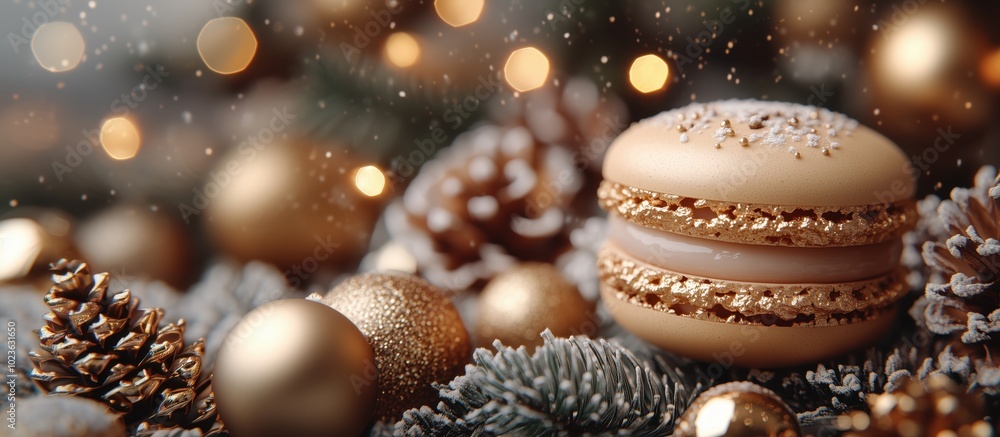One macaron with golden pearles on the Christmas tree closeup, golden christmas balls, snow, lights and cones on dark festiv background with copy space on the left banner. One macaron with golden pearles on the Christmas tree closeup, golden christmas balls, snow, lights and cones on dark festiv background with copy space on the left banner.