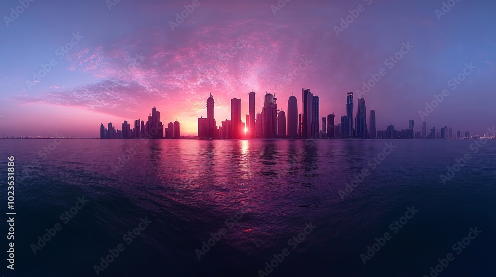View from the sea of a modern cityscape, flooded with lights View from the sea of a modern cityscape, flooded with lights