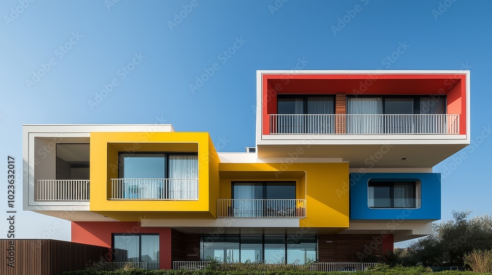 Vibrant Modern Building Against Clear Blue Sky - Geometric Architecture in Primary Colors, Contemporary Design Architectural Concept for Real Estate Ads and Urban Lifestyle - Sunny Day View Vibrant Modern Building Against Clear Blue Sky - Geometric Architecture in Primary Colors, Contemporary Design Architectural Concept for Real Estate Ads and Urban Lifestyle - Sunny Day View