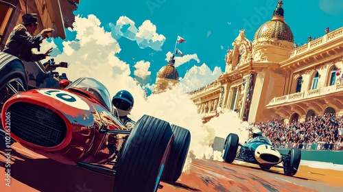 1960s Formula 1 cars racing through Monaco’s narrow streets, with a backdrop of the Mediterranean, palm trees, and yachts. Spectators cheer as sleek vintage cars navigate sharp corners in the sunlight