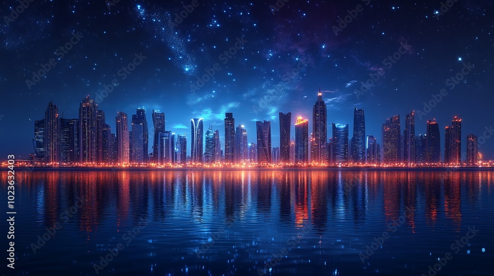 Majestic panorama of the city with skyscrapers reflected in the sea water. Majestic panorama of the city with skyscrapers reflected in the sea water.