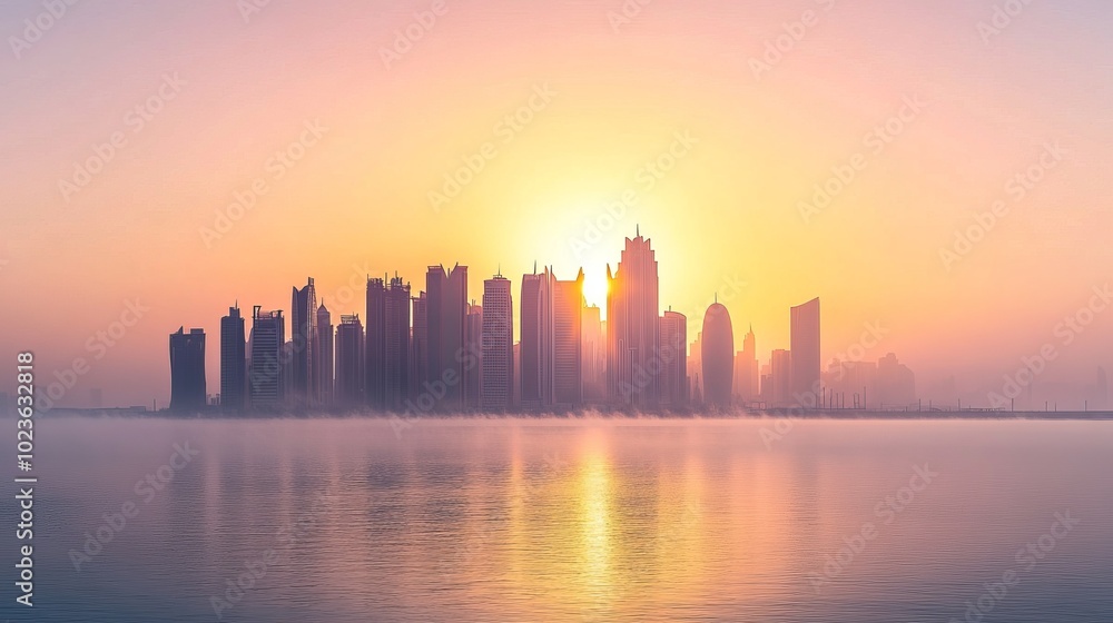 Tropical horizon line: metropolis and lights over water Tropical horizon line: metropolis and lights over water