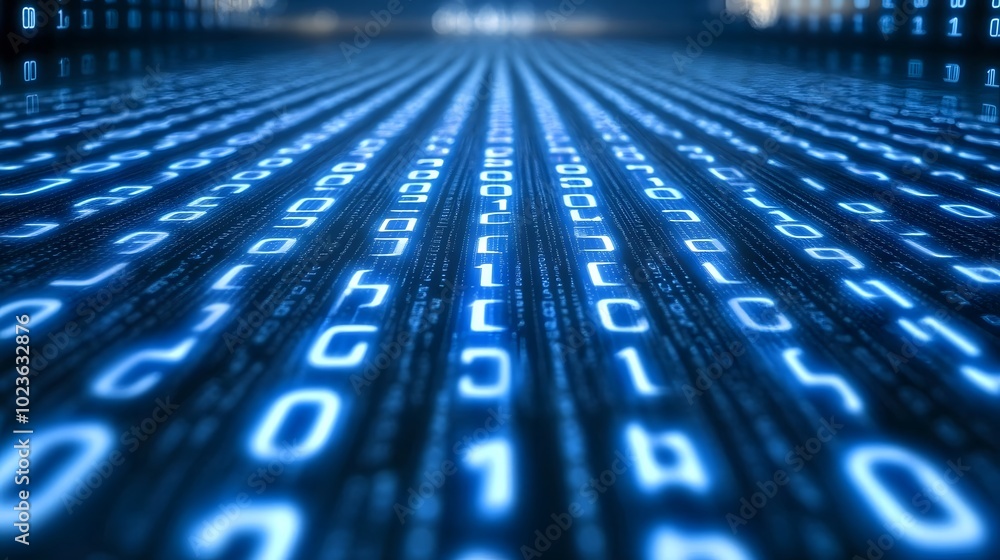 Digital binary code background with blue color, representing data and technology Digital binary code background with blue color, representing data and technology
