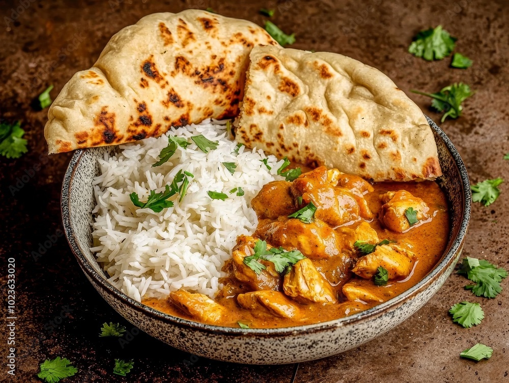 Vibrant Chicken Tikka Masala Bowl on Textured Surface with Naan Bread - Close-Up Delicious Indian Cuisine for Food Blog or Menu Cover Vibrant Chicken Tikka Masala Bowl on Textured Surface with Naan Bread - Close-Up Delicious Indian Cuisine for Food Blog or Menu Cover