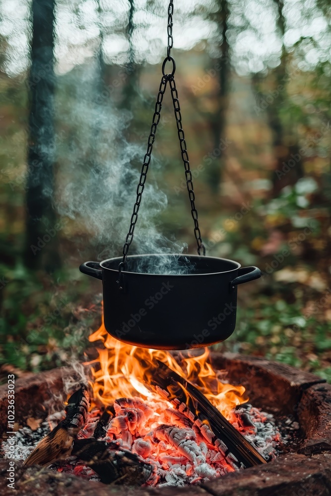 Sizzling Black Pot Over Campfire Rustic Wilderness Cooking, Tranquil Outdoor Adventure Sizzling Black Pot Over Campfire Rustic Wilderness Cooking, Tranquil Outdoor Adventure