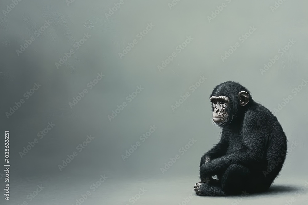 Pensive Chimpanzee in Contemplation Closeup Portrait on Textured Gray Background, Serene Wildlife Art, Primate Integrity, Introspective Mood Wildlife Conservation Concept Pensive Chimpanzee in Contemplation Closeup Portrait on Textured Gray Background, Serene Wildlife Art, Primate Integrity, Introspective Mood Wildlife Conservation Concept