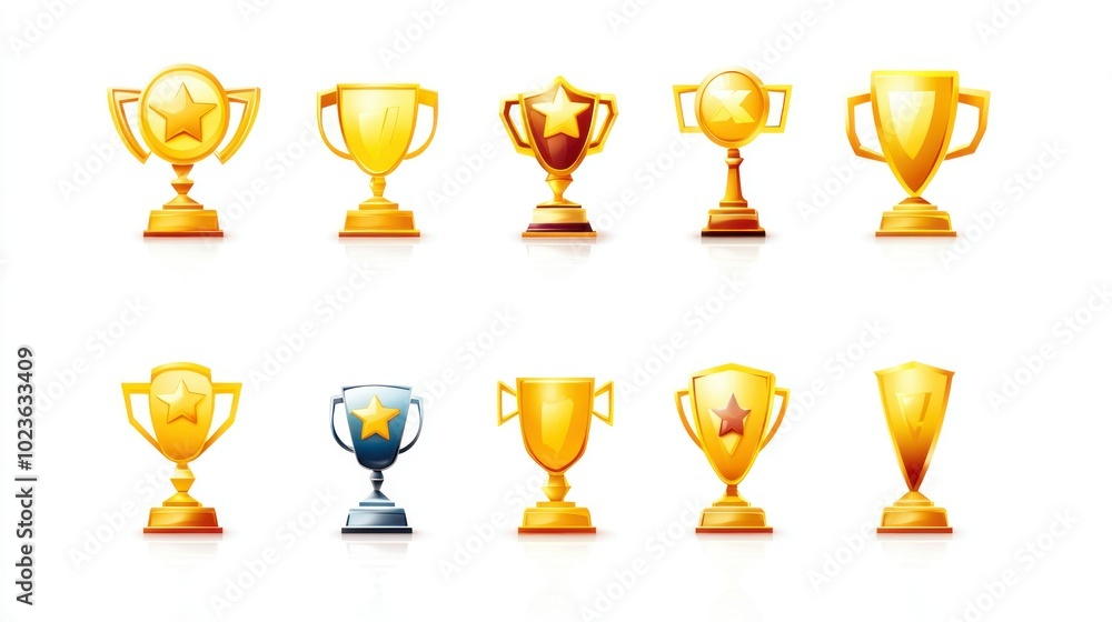Collection of Golden and Silver Trophy Cups with Stars and Letter X Collection of Golden and Silver Trophy Cups with Stars and Letter X