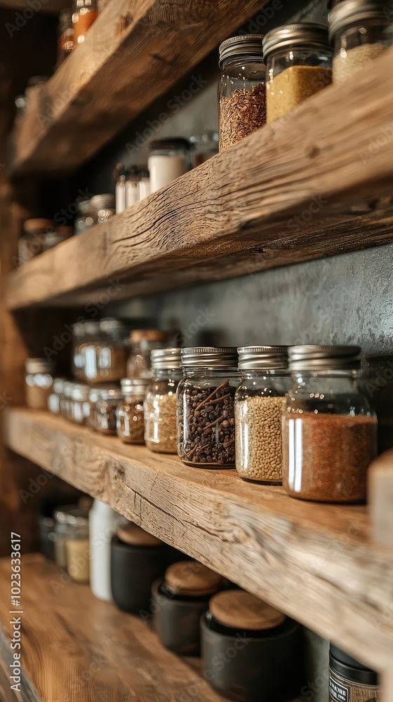 Wooden Shelves Filled with Various Spices Wooden Shelves Filled with Various Spices