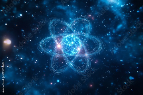 Wallpaper Mural An abstract design of an atom floating in a vibrant blue cosmos. The image illustrates science and technology. Perfect for educational or futuristic themes. Generative AI Torontodigital.ca