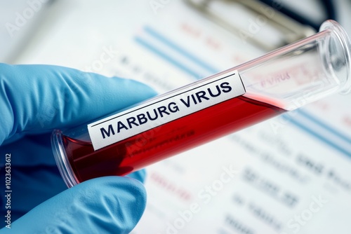 Doctor Scientist holding a test blood sample of Marburg Virus. Hand in blue glove with Laboratory tube for analysis. New epidemic illness. Outbreak of infectious disease spreading, worldwide pandemic photo