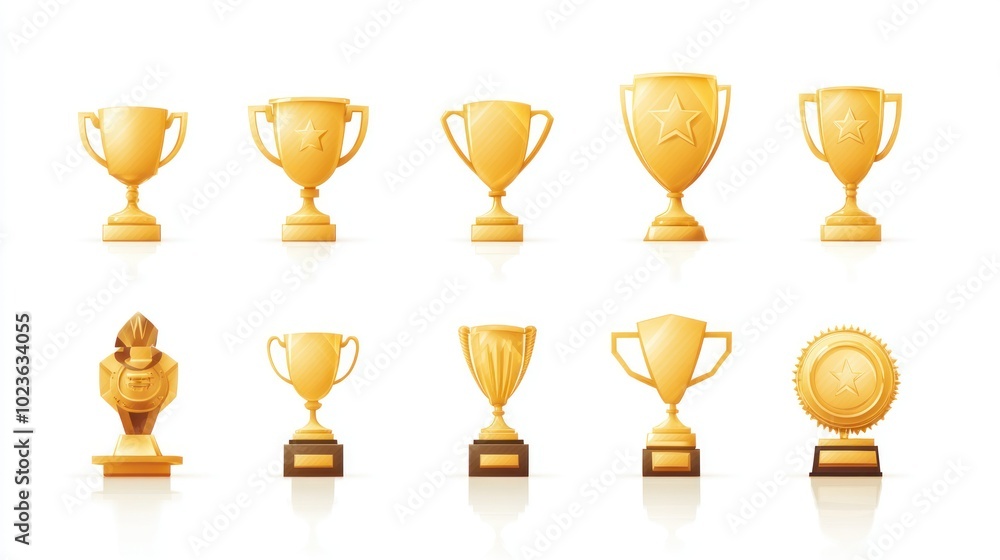 A Collection of Golden Trophies with Star Decorations and a Wooden Base A Collection of Golden Trophies with Star Decorations and a Wooden Base