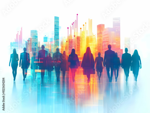 Flat Blurred Businesspeople in Office with Glowing Graph Overlay - Abstract Representation of Business Growth and Smart Business Concept - Wide Shot Illustration