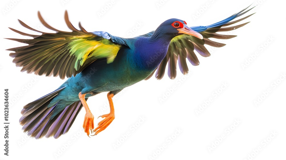 Fototapeta premium Purple Gallinule Bird Flying White Background, Photo Realistic, Pattern Background, Wallpaper, Cover and Screen for Smartphone, PC, Laptop, 9:16 and 16:9 Format