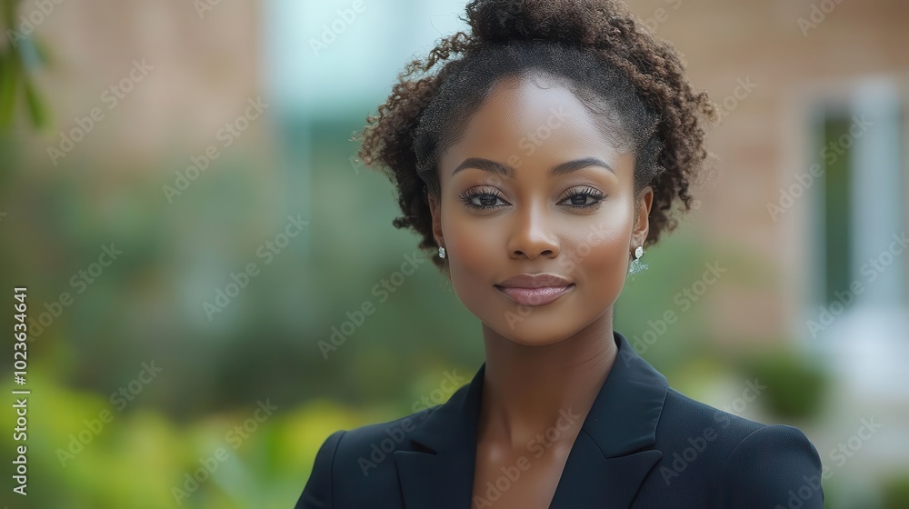 stunning portrait of a confident black woman in a business suit positioned outdoors with a softly blurred business center in the background that enhances her professional presence and style stunning portrait of a confident black woman in a business suit positioned outdoors with a softly blurred business center in the background that enhances her professional presence and style