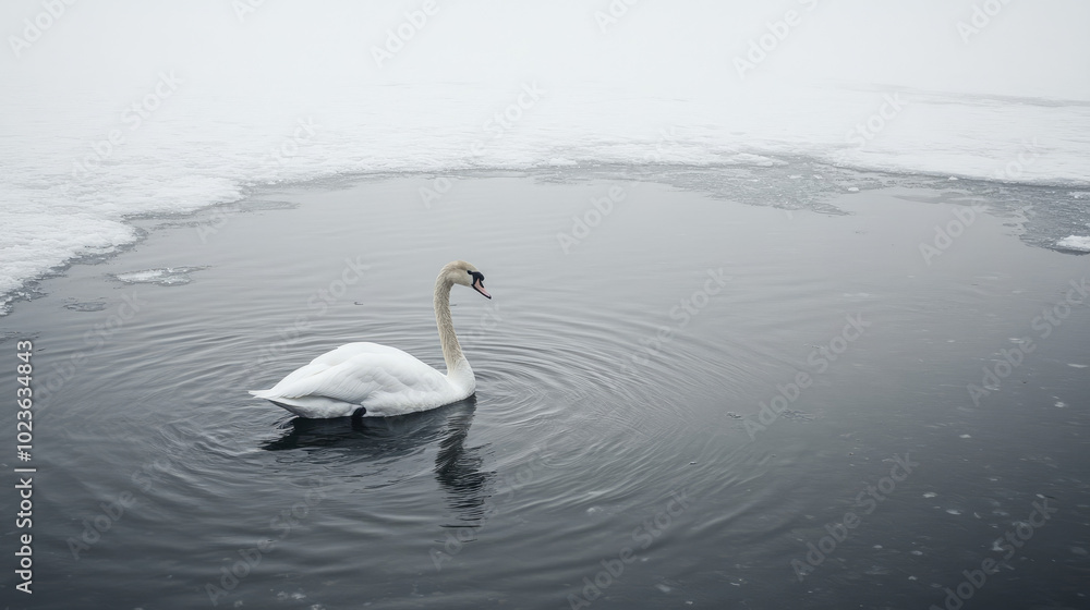 A lone mute swan swimming in a small patch of unfrozen water amidst a frozen lake, creating ripples that contrast with the stillness of the surrounding ice. A lone mute swan swimming in a small patch of unfrozen water amidst a frozen lake, creating ripples that contrast with the stillness of the surrounding ice.