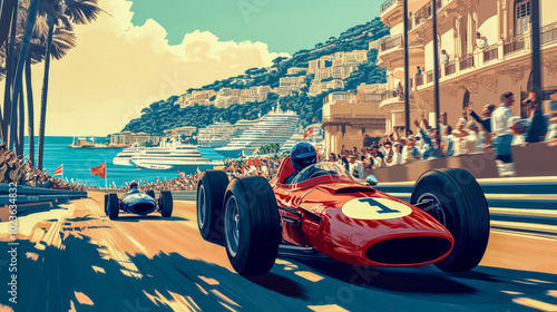 1960s Formula 1 cars racing through Monaco’s narrow streets, with a backdrop of the Mediterranean, palm trees, and yachts. Spectators cheer as sleek vintage cars navigate sharp corners in the sunlight