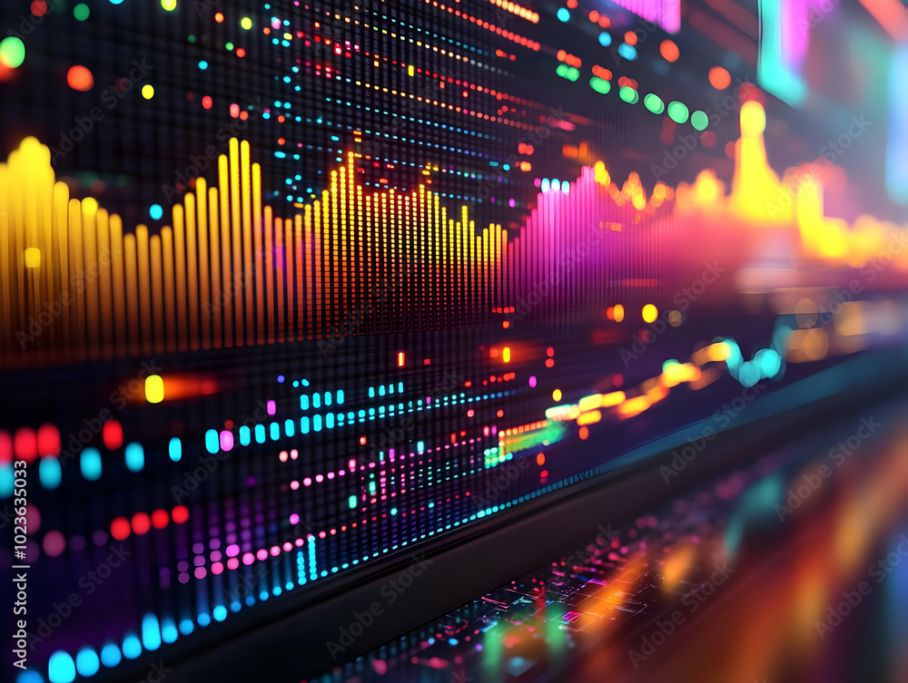 Futuristic Flat Macro Shot of Holographic Stock Market Ticker - A Simple Vector Illustration Representing Wealth Management, Economic Trends, and Retail Growth Futuristic Flat Macro Shot of Holographic Stock Market Ticker - A Simple Vector Illustration Representing Wealth Management, Economic Trends, and Retail Growth