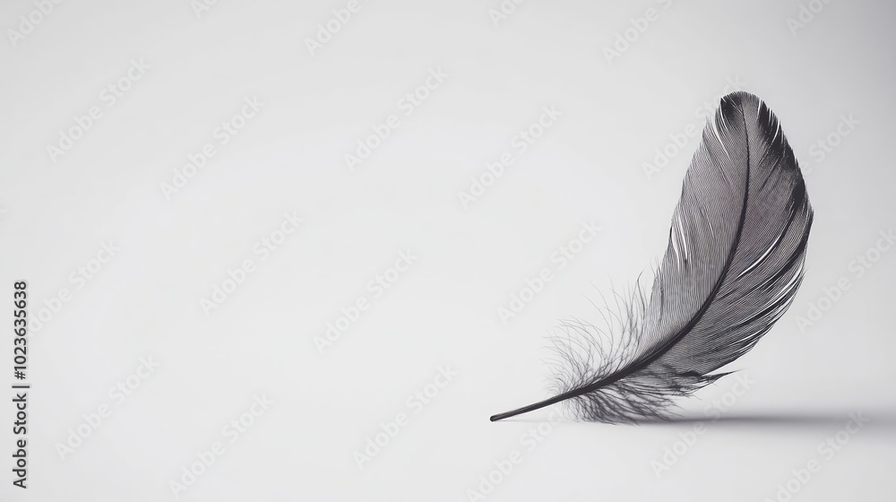 A single gray feather lays on a white surface with copy space. A single gray feather lays on a white surface with copy space.