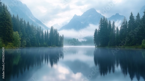 A serene lake surrounded by trees and mountains