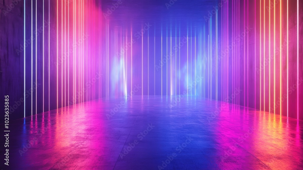 3D rendering of a vibrant laser display with illuminated lines in a nightclub setting featuring an abstract fluorescent backdrop in a corridor 3D rendering of a vibrant laser display with illuminated lines in a nightclub setting featuring an abstract fluorescent backdrop in a corridor