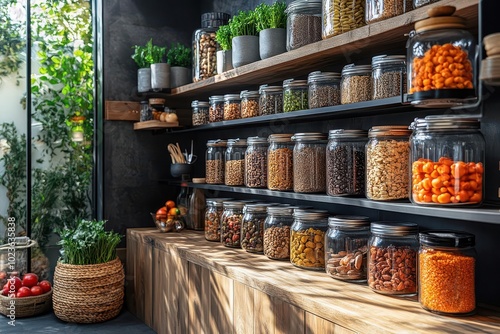 stylish and organized kitchen pantry featuring sleek storage solutions colorcoordinated containers and clever spacesaving designs photo