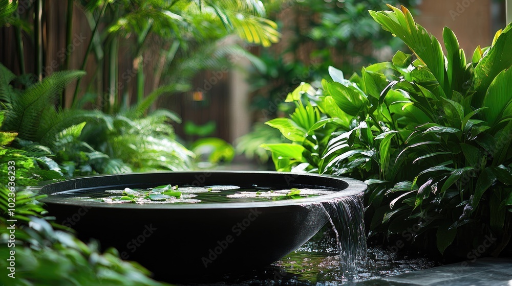 A serene view of lush greenery with a tranquil water feature creating a calming atmosphere perfect for relaxation and contemplation A serene view of lush greenery with a tranquil water feature creating a calming atmosphere perfect for relaxation and contemplation
