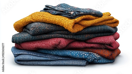 A mountain of clothes to be washed on a white background.