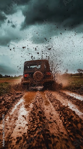 Dynamic Vehicle Driving Through Muddy Terrain photo