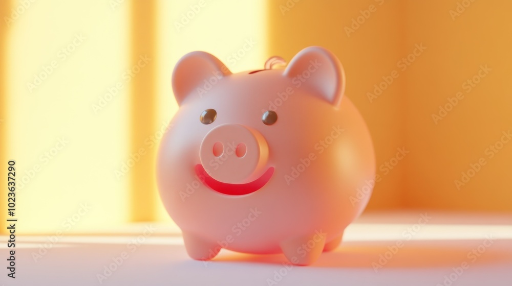 A Pink Piggy Bank With a Smiling Face in Front of a Blurred Orange Background A Pink Piggy Bank With a Smiling Face in Front of a Blurred Orange Background