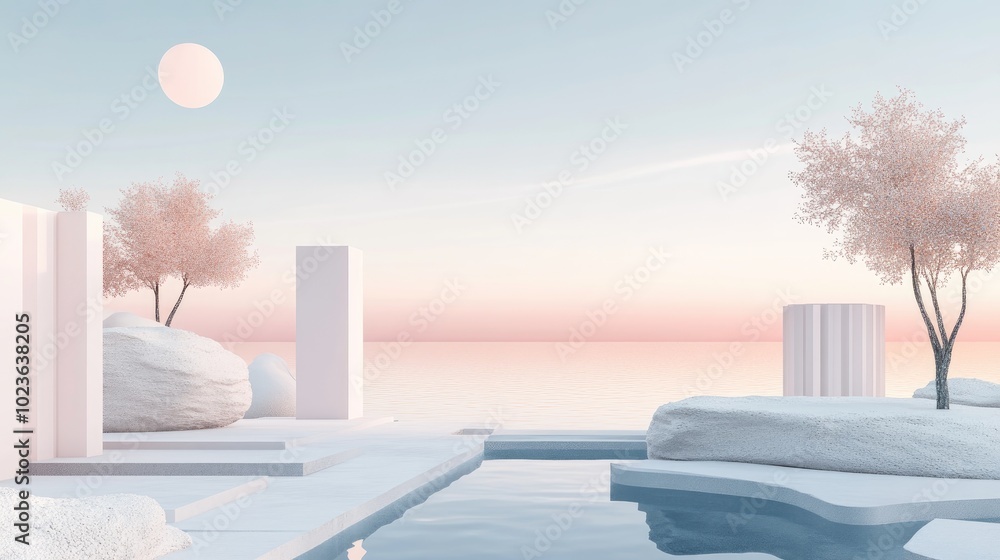 3D render of an abstract surreal pastel landscape featuring architectural elements and geometric shapes complemented by a serene lake and a softly gradient sky embodying a minimalistic concept 3D render of an abstract surreal pastel landscape featuring architectural elements and geometric shapes complemented by a serene lake and a softly gradient sky embodying a minimalistic concept
