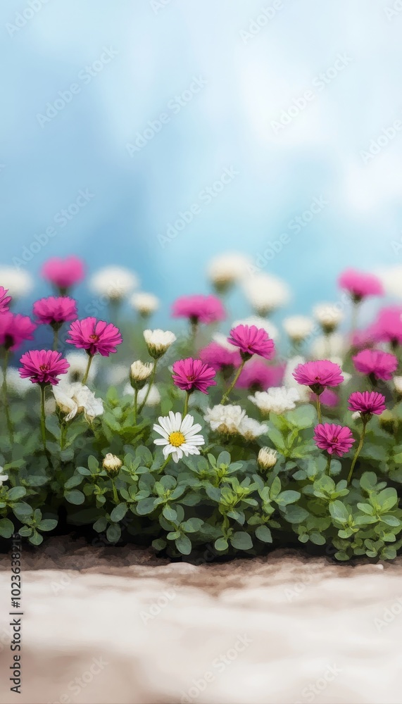 Pink and white daisies with green leaves blooming in spring. Garden bed blooming with flowers. Pink and white daisies with green leaves blooming in spring. Garden bed blooming with flowers.