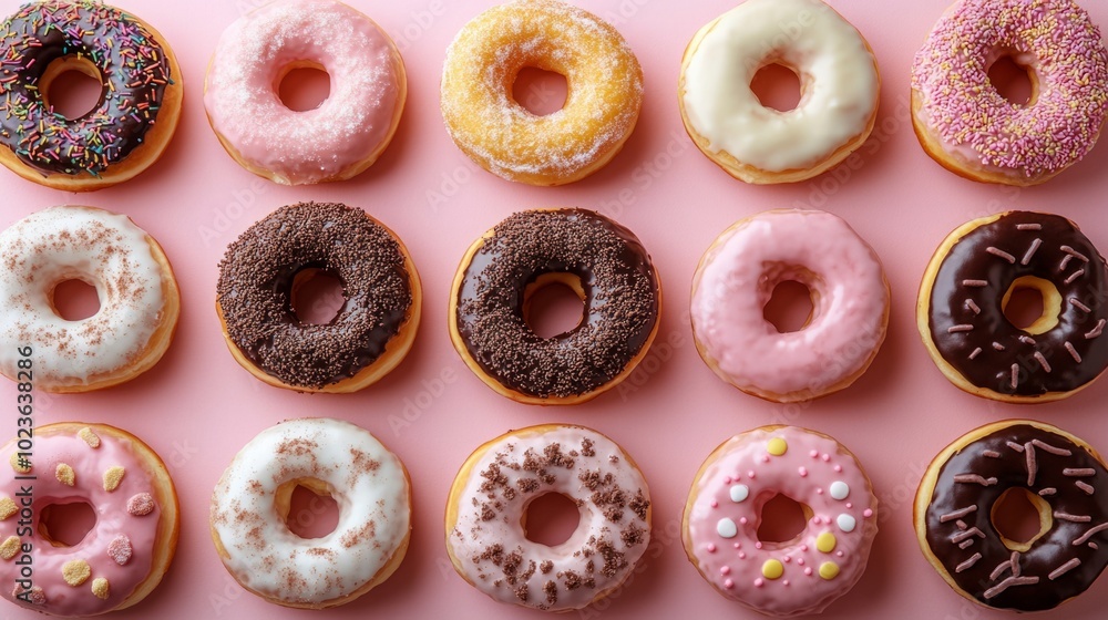 A row of donuts with various toppings, including chocolate and sprinkles A row of donuts with various toppings, including chocolate and sprinkles