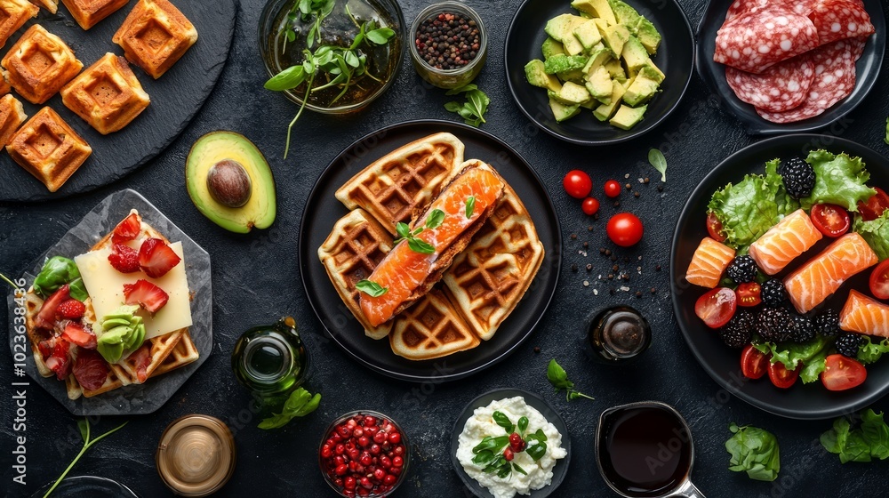 A table laid with various gourmet food items for a delicious brunch or meal. A table laid with various gourmet food items for a delicious brunch or meal.