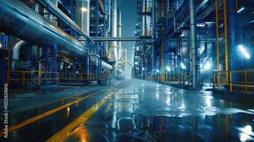 Industrial Complex Pathway with Wet Floor