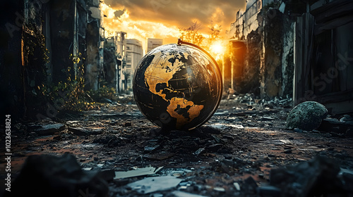 Fototapeta Naklejka Na Ścianę i Meble -  Golden Globe Among Ruins in Urban Landscape