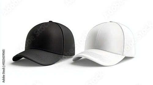 Black and white baseball cap with front and back views, isolated set of men's and women's hats on white background.