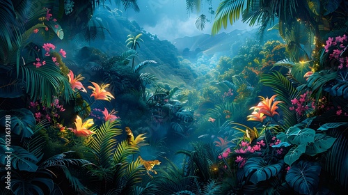 Fototapeta Naklejka Na Ścianę i Meble -  Jungle safari scene Illustrate a vibrant jungle. AI generated