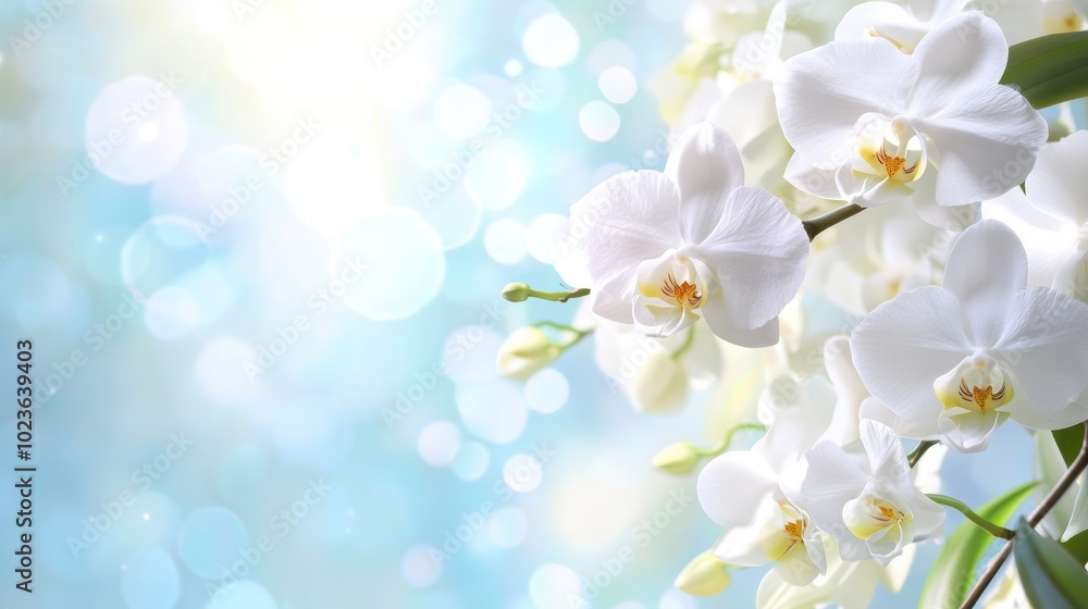 Obraz premium Elegant White Orchid Flower Close-Up in Soft Light Isolated on White Background