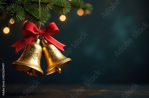 Golden Christmas bells on dark festive background  photo