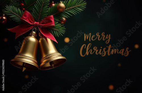 Golden Christmas bells on dark festive background  photo