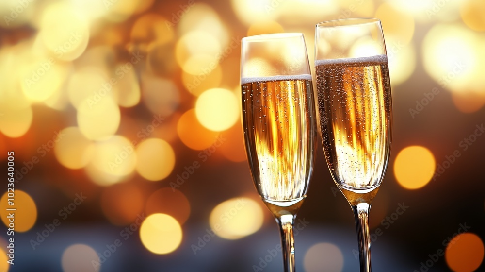 Glasses of Champagne on Bokeh Background with Golden Light for Celebration Glasses of Champagne on Bokeh Background with Golden Light for Celebration